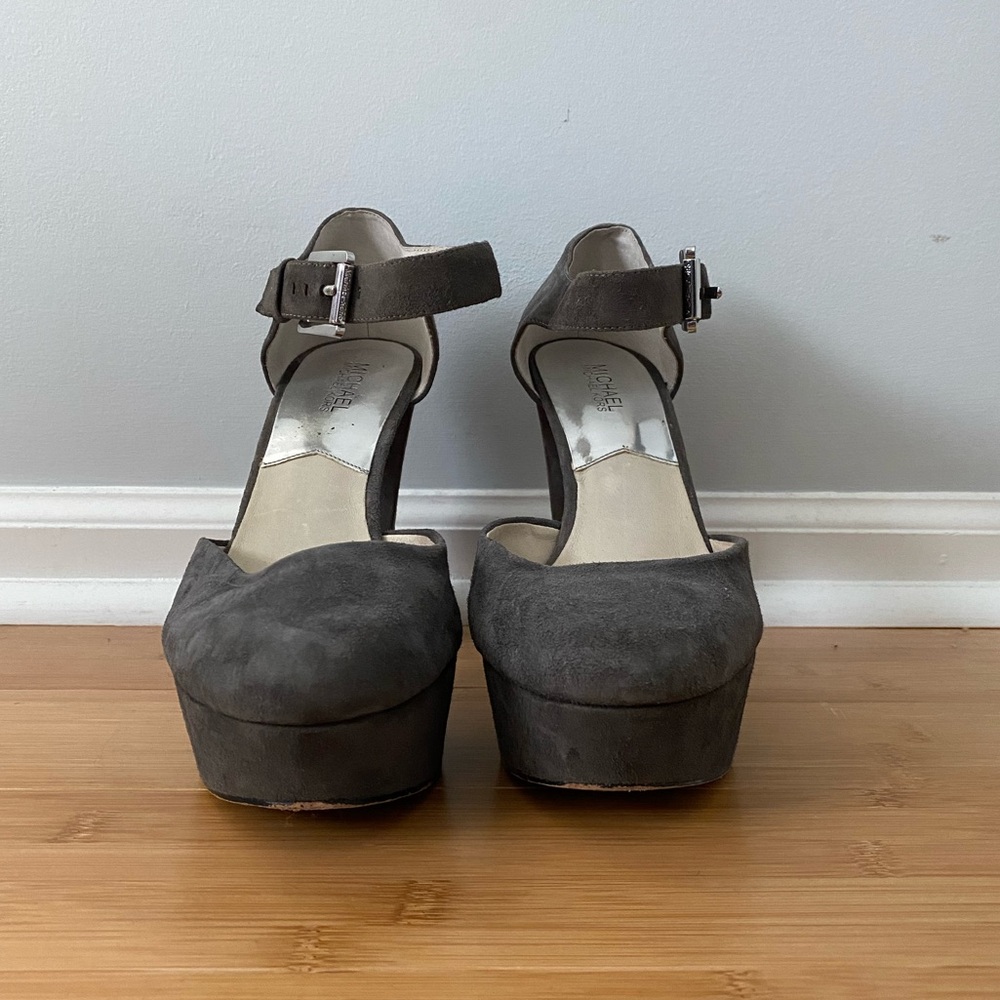 Michael Kors grey suede Mary Jane platform heels